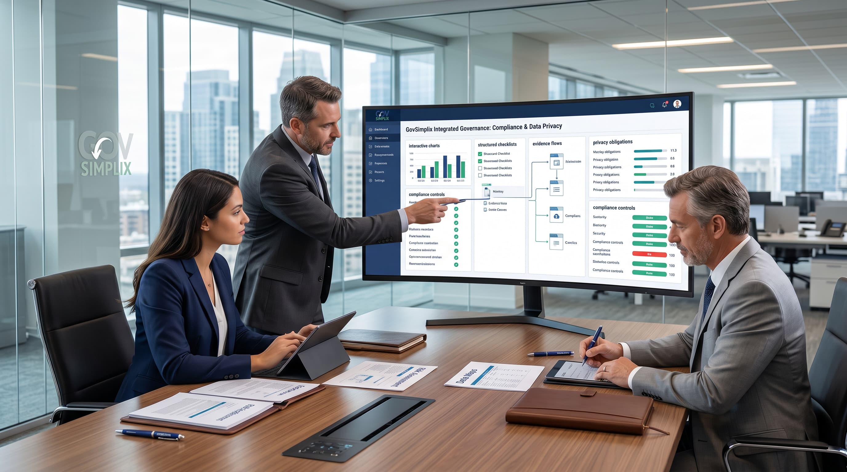 Liderança executiva acompanhando painel da GovSimplix com score, ofensores e prontidão
