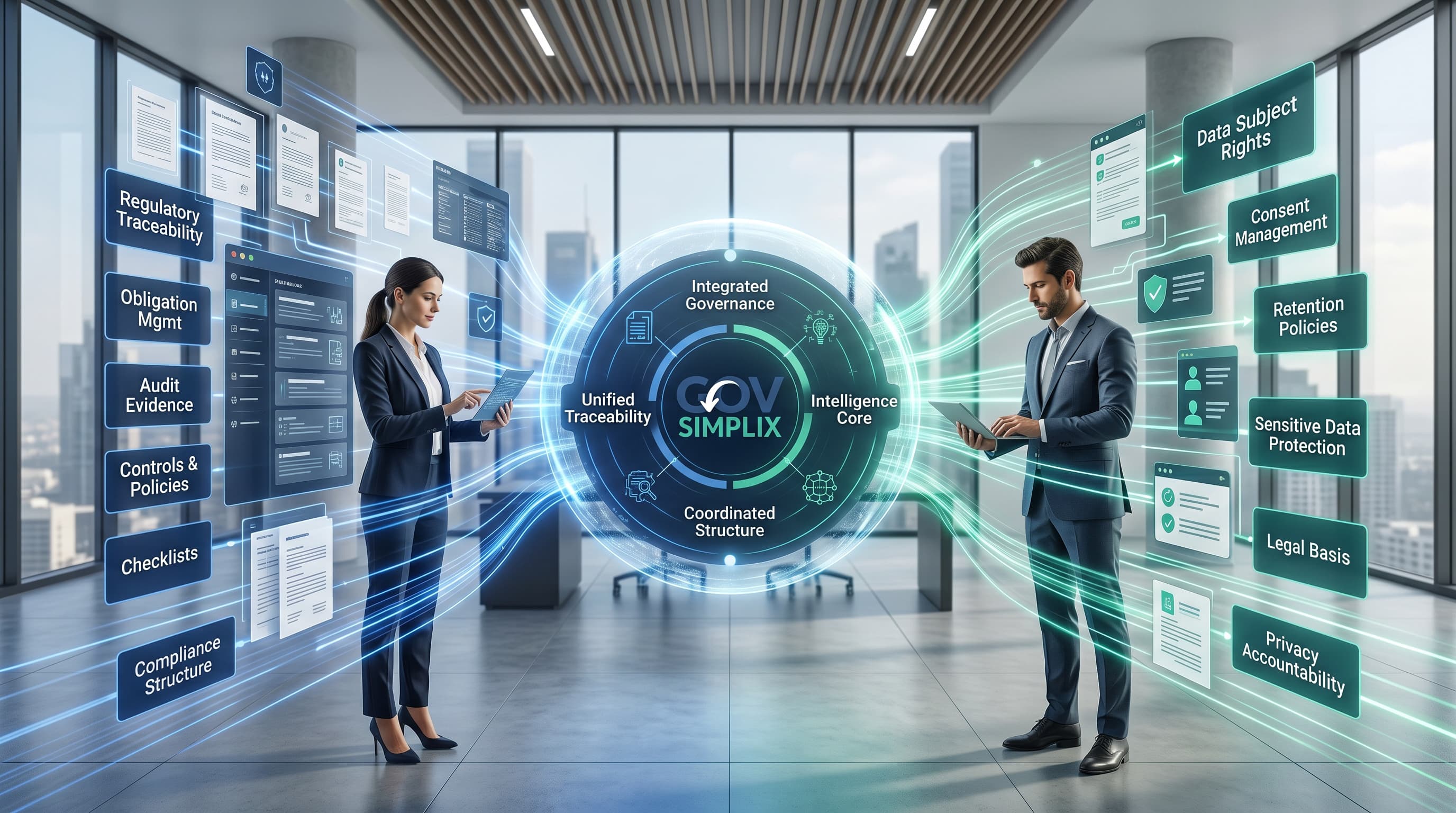 Equipe de compliance e privacidade operando rastreabilidade integrada da GovSimplix